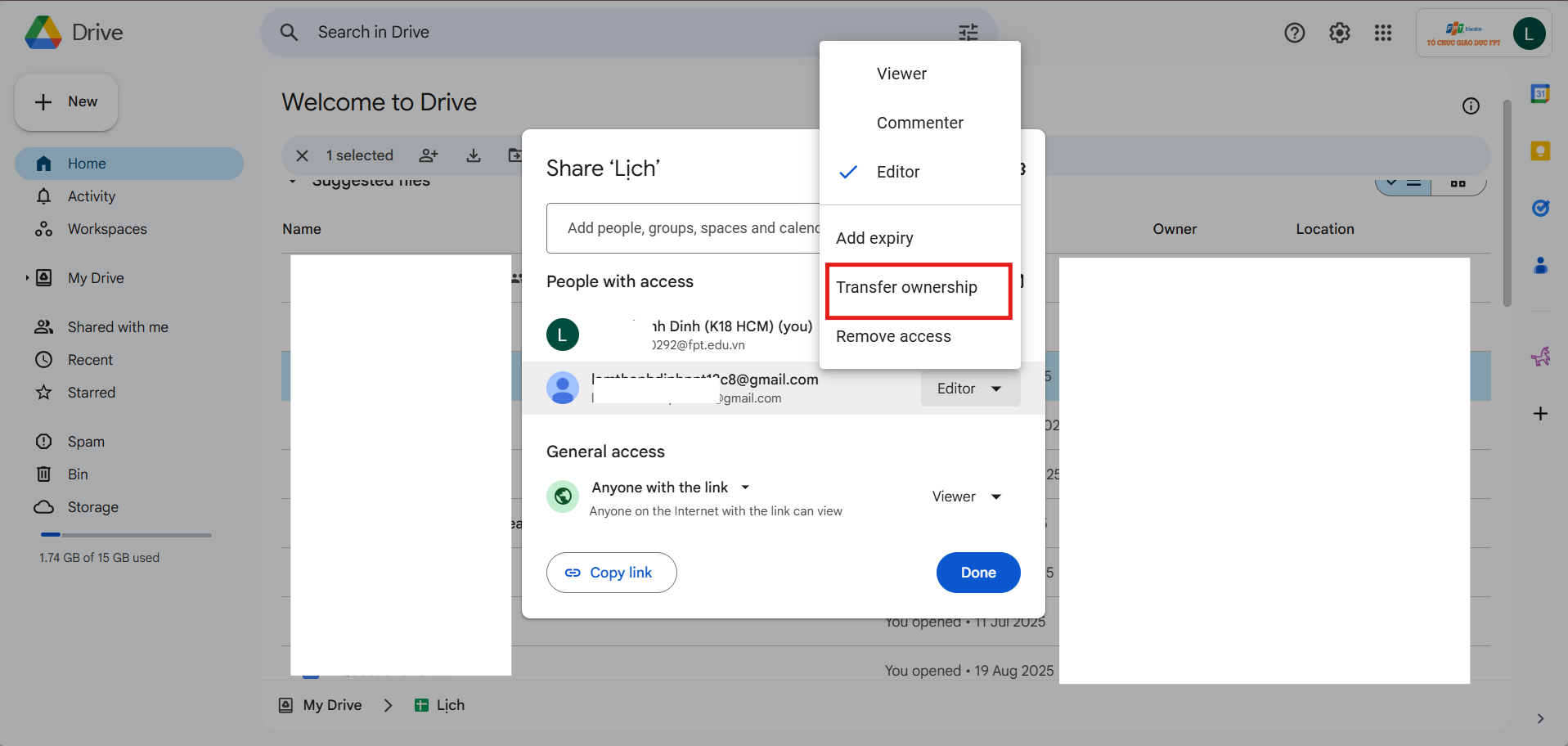 Chuyển quyền sở hữu Drive để tránh mất dữ liệu