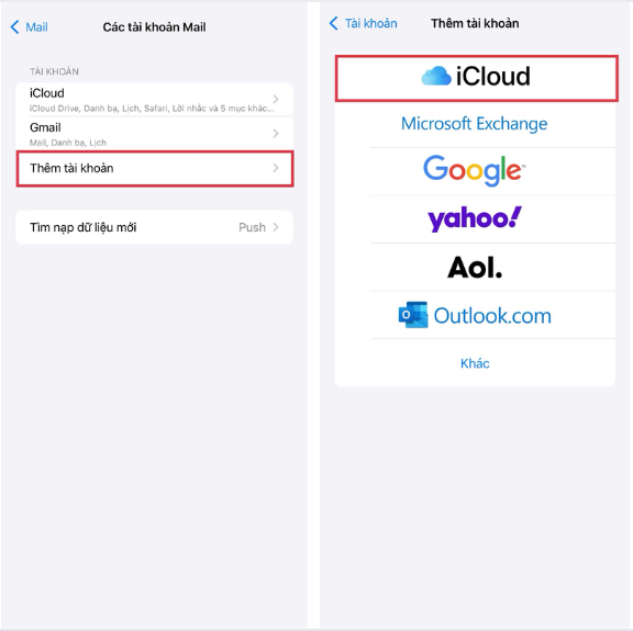 Tạo iCloud bằng tài khoản Gmail qua mục thêm tài khoản trong cài đặt